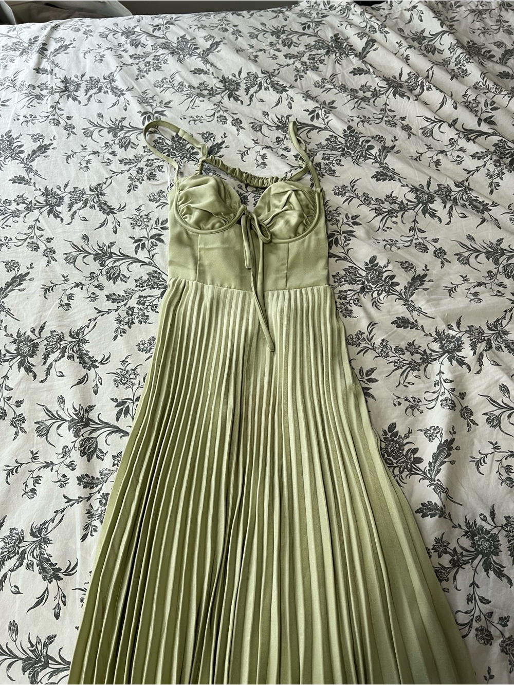 Hello Molly Olive Green Pleated Maxi Dress with Bustier Bodice